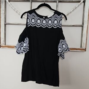 LOFT Black Cold Shoulder Top with White Eyelet Accents Medium